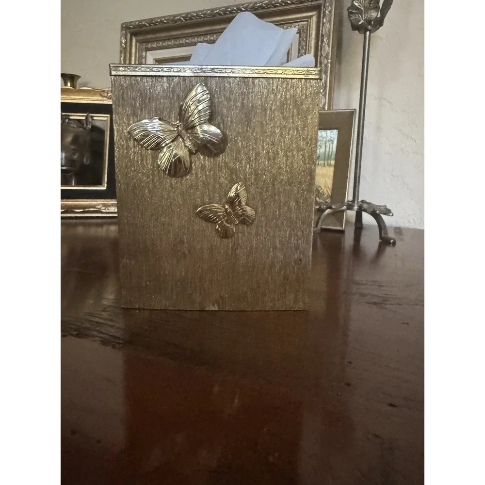 Vintage Hollywood Regency Gold Butterfly Tissue Box‎ Cover MCM Metal Square 3D